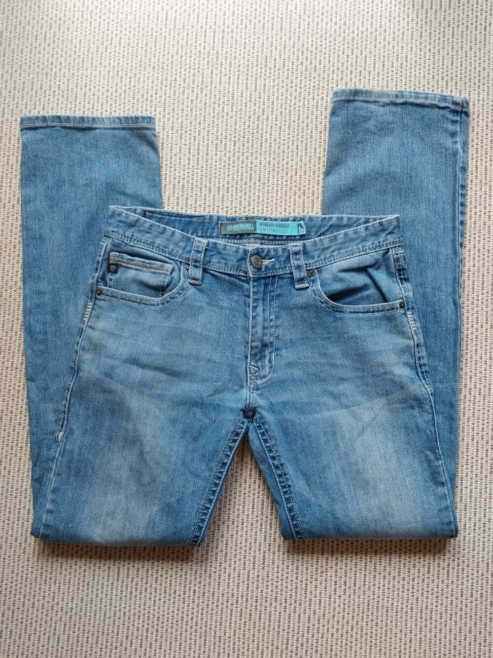 Rock Roll Jeans Men 31x34 Blue Revolver Slim Straight Whisker Faded Thick Stitch